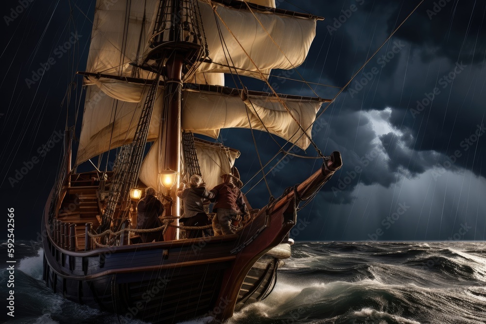 crew of pirate ship sailing through stormy sea, with lightning flashing ...