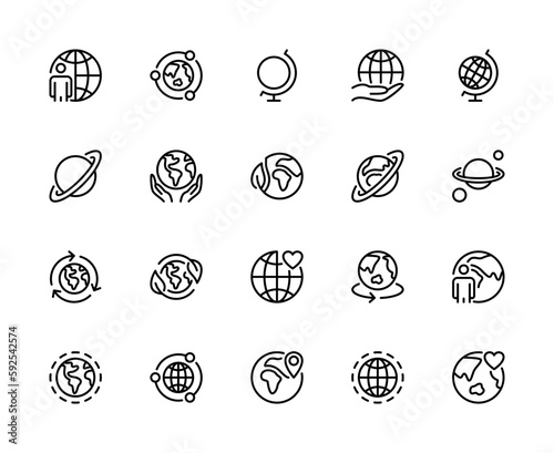 Globe related outline vector linear icons.Premium pack of globe icons on white background. Globe symbol vector icon set.