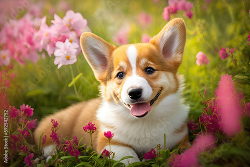 cute little dog between red flowers in a meadow. Generative AI