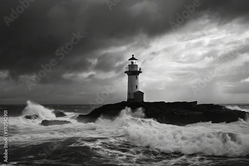 black and white photo of a lighthouse with stormy skies and waves, created with generative ai
