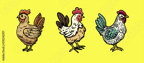 three chickens vector illustration design, hand drawn, symbol for food logo