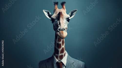 portrait of a giraffe in a suit and tie, in light modern office space. Generative AI Art Illustration