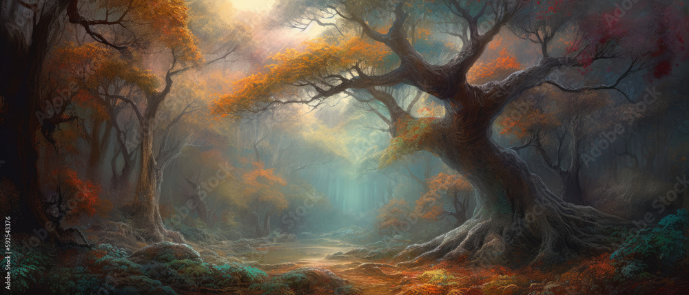 Ancient and old towering oak tree with thick branches and ever reaching ...