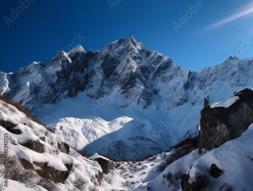 A majestic mountain range with snow-capped peaks and a clear blue sky