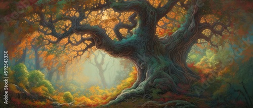 Ancient and old towering oak tree with thick branches and ever reaching moss covered roots deep in a pristine fairytale forest with warm early autumn colors of orange and faded green - generative AI