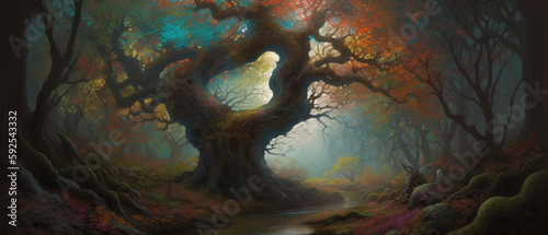 Ancient and old towering oak tree with thick branches and ever reaching moss covered roots deep in a pristine fairytale forest with warm early autumn colors of orange and faded green - generative AI © SoulMyst