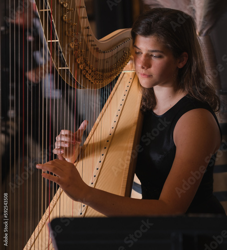 Fototapet Close-up view of young adult female playing harp indoors