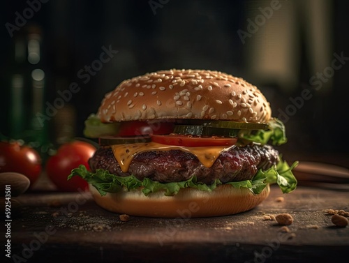 A Juicy Burger with Perfect Lighting  and High Resolution Image.