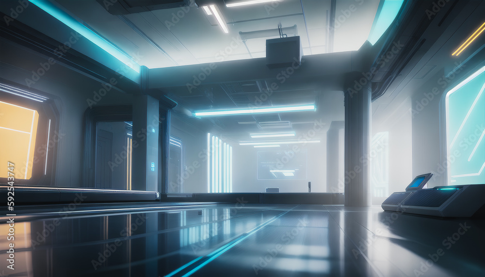 A modern server room with glass walls and computers. Generative AI.