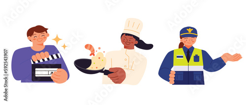 Labor Day. people who are working. A character in a uniform. Film staff, cooks, cops.