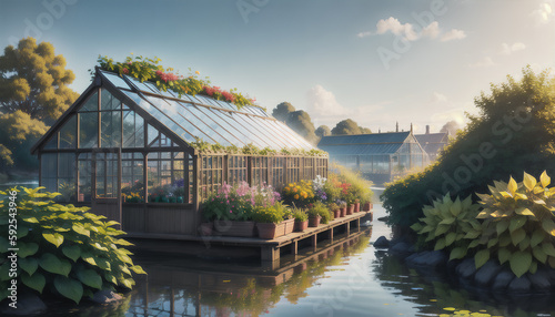 A small greenhouse surrounded by greenery placed on a small island. Tiny lakes and trees in the background. Abundant vegetables, fruits, and flowers. Generative AI