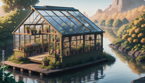 A small greenhouse surrounded by greenery placed on a small island. Tiny lakes and trees in the background. Abundant vegetables, fruits, and flowers. Generative AI