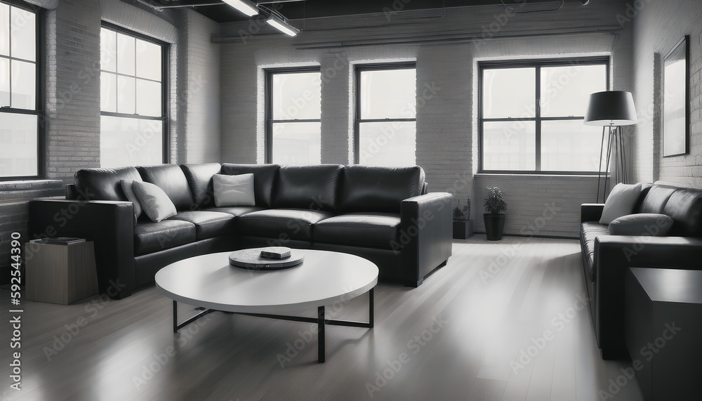 A modern architecture. A living room with a large sofa and modern furniture in shades of gray. Generative AI A modern architecture. A living room with a large sofa and modern furniture in shades of gray. Generative AI