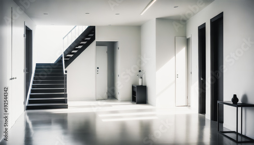 A black and white foyer in a new building with grand glass stairs. Modern design. Generative AI.

