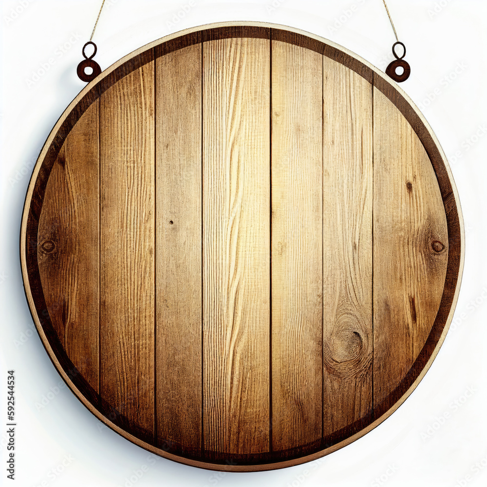 Fototapeta premium Hanging round wooden empty board on white background, Generative AI
