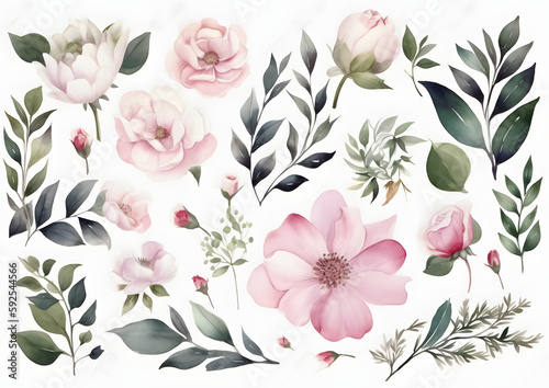 A pattern of flowers and leaves in various colors and sizes. Concept of natural beauty and tranquility