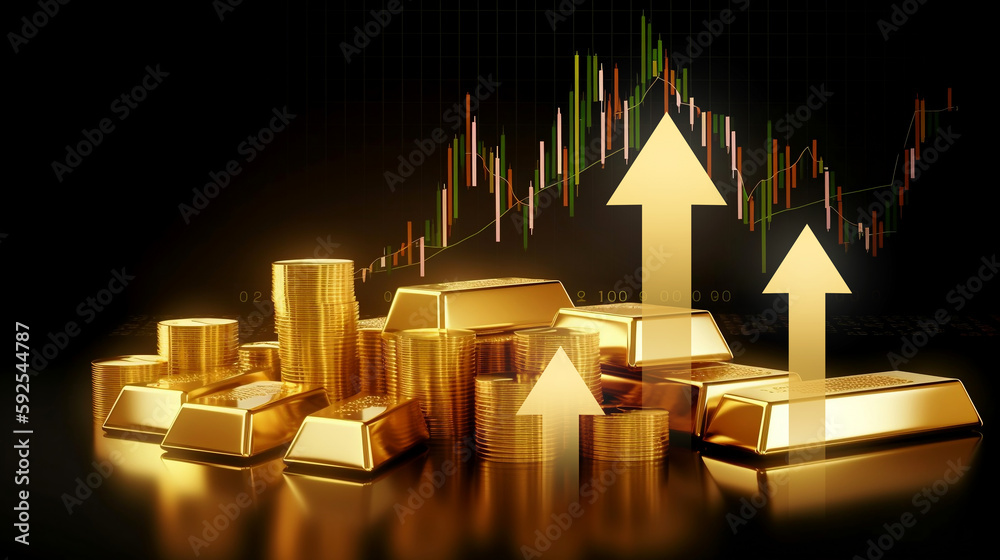 Growth gold coin investment business market financial on money chart stock profit exchange wealth concept background or golden economy arrow graph success reserve banking price diagram. Generative AI. - obrazy, fototapety, plakaty 