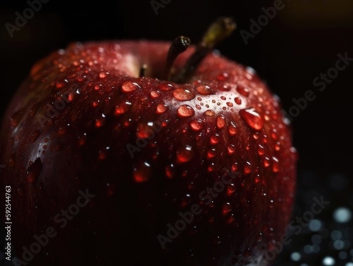 Red apple closeup with droplets.