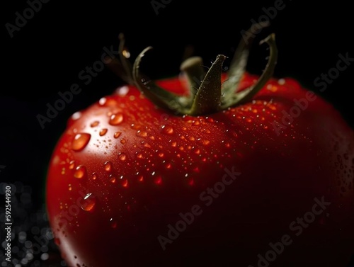 Closeup of Ripe Red Tomato with Water Drops.
