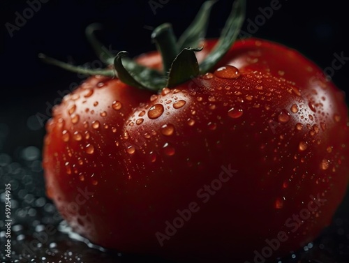 Closeup of a Ripe Red Tomato with Water Drops.