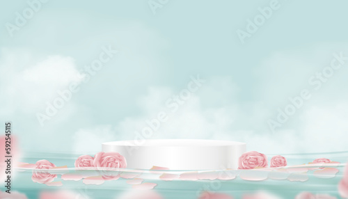 3d white podium step with pink rose floating on water with cloud on blue sky background,Vector banner Studio room display with cylinder stand, Concept for cosmetic and spa product