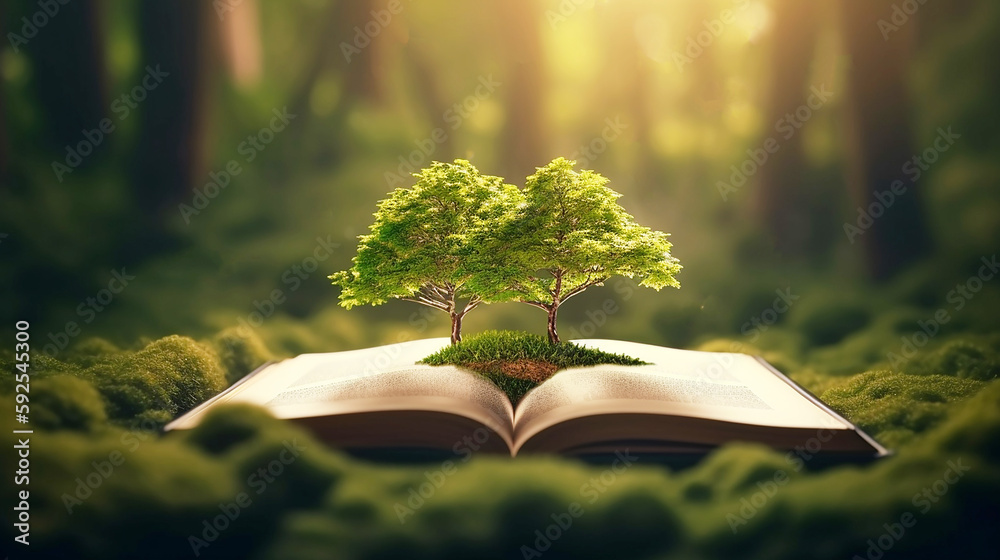 Concept image with green tree growing from book, Book or tree of