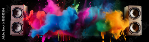 Speakers with colorful smoke and paint coming of it in a paint splash. Generative AI.