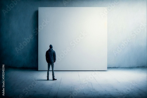 Homme debout face    un tableau blanc sur un mur blanc - G  n  rative IA