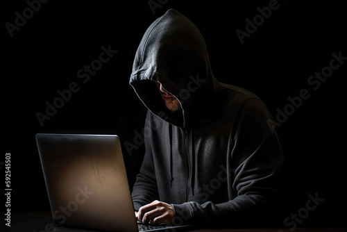 Hacker working on laptop. Anonymous hooded hacker breaking into data servers in a hideout place with dark face and atmosphere. Security, cyber computer crime and safer internet concept. Generative AI