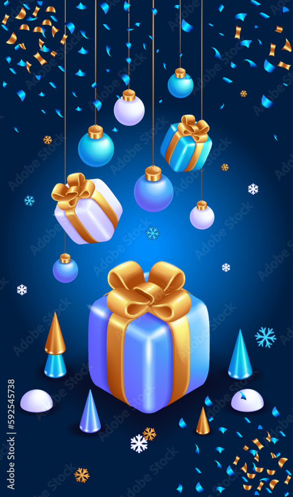 Realistic 3D Isometric illustration. Conical abstract golden Christmas trees. White Deer. Christmas balls are hanging on a ribbon. Christmas cards, flyers, certificates, tags, posters