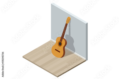 Isometric Classical Acoustic Six-String Guitar Isolated on White Background. The guitar stands near the wall