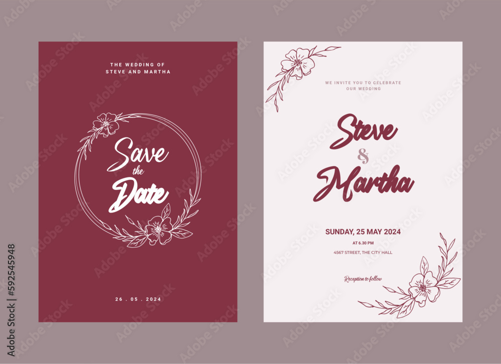 Floral wedding invitation template with organic hand drawn leaves and flowers decoration Floral wedding invitation template with organic hand drawn leaves and flowers decoration