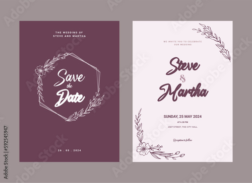 Floral wedding invitation template with organic hand drawn leaves and flowers decoration