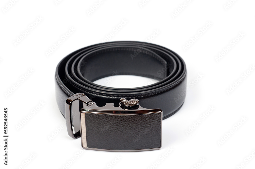 Men's black leather trouser belt with metal clasp. Men's black leather trouser belt with metal clasp.