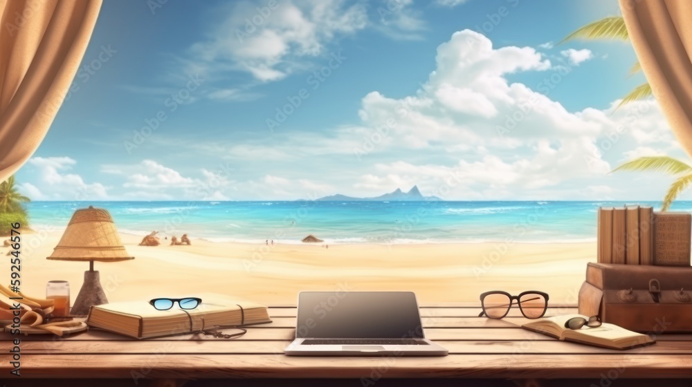 Obraz premium Desktastic Escapes: Free Space and Summer Beach Landscape Inspire Productivity Generative Ai