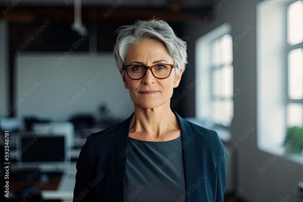 Senior businesswoman portrait in office. Photo generative AI Senior businesswoman portrait in office. Photo generative AI