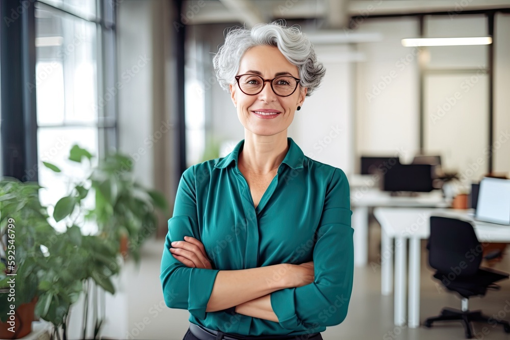 Mature businesswoman smiling in office. Photo generative AI Mature businesswoman smiling in office. Photo generative AI