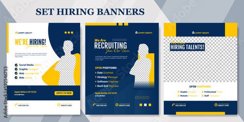 Set hiring job vacancy template. Bundle poster, flyer, brochure, cover, layout for business. Can used for social media. Portrait and can be cropped in square size