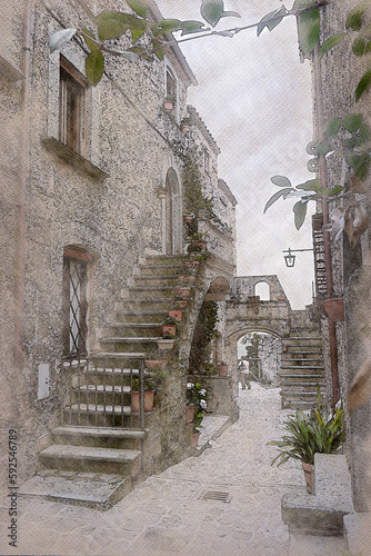 Watercolor of a corner of an ancient stone village