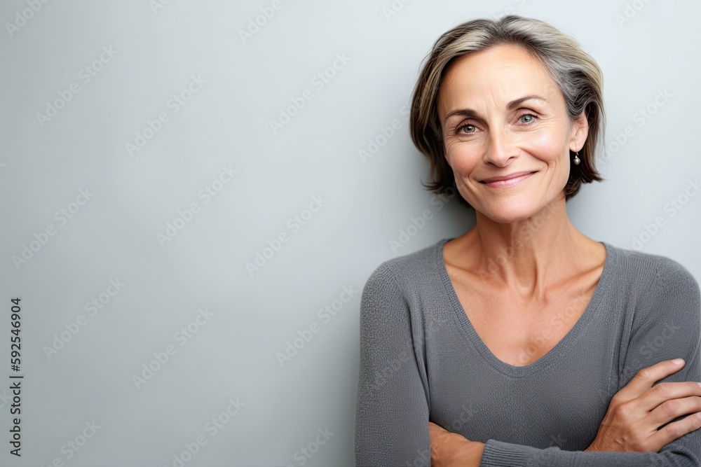 Beautiful mature woman standing, arms crossed. Photo generative AI Stock  Illustration