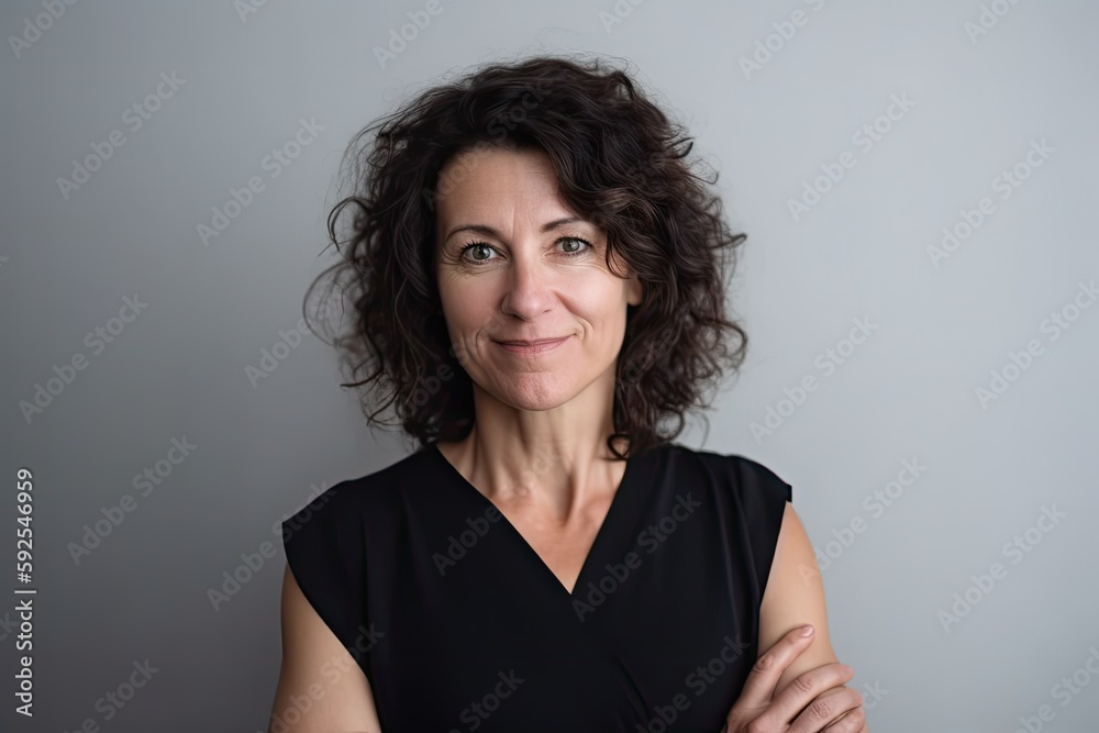 Obraz premium Smiling brunette woman, mid-aged, curly hair, arms crossed, grey background. Photo generative AI