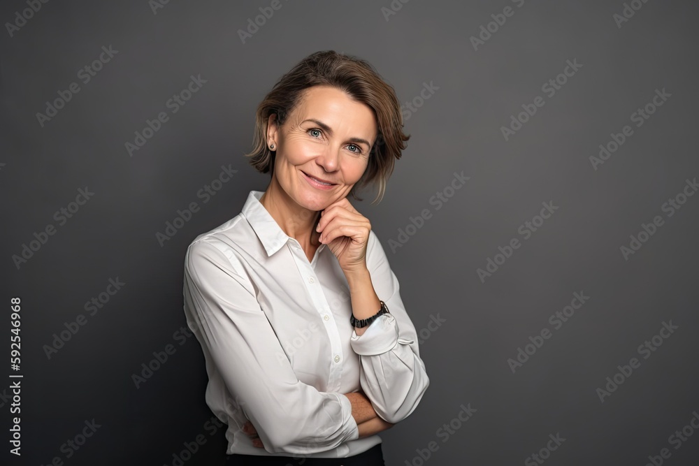 Glamorous mid adult woman smiling happily on grey background. Photo generative AI Glamorous mid adult woman smiling happily on grey background. Photo generative AI