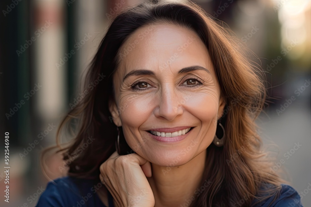 Happy mature woman smiling closeup. Photo generative AI Happy mature woman smiling closeup. Photo generative AI