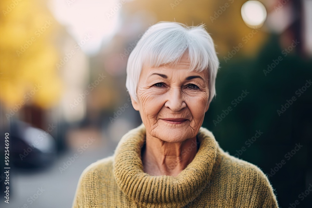 Happy senior woman outdoors, content with life quality. Photo generative AI Happy senior woman outdoors, content with life quality. Photo generative AI