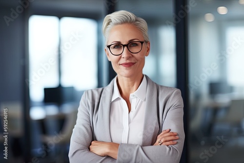 Confident mature bizwoman in modern office: Behold her empire. Photo generative AI
