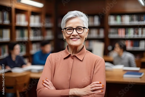 University professor smiling in library. Photo generative AI photo