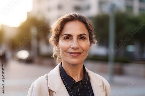 Happy mature businesswoman smiling in city street at sunset. Photo generative AI