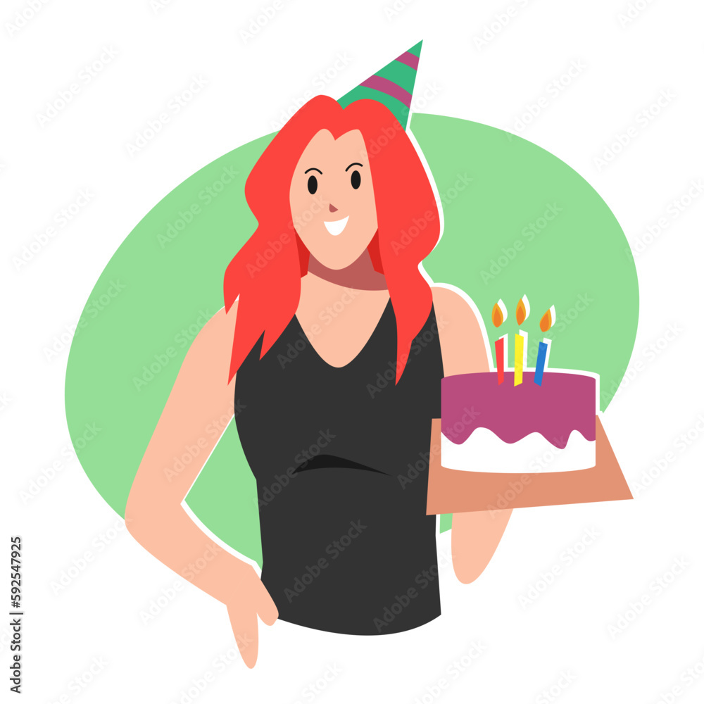 Obraz premium female cartoon character in party hat holding birthday cake. concept of celebration, birthday, party. for greeting card, print, poster, sticker. flat vector illustration.
