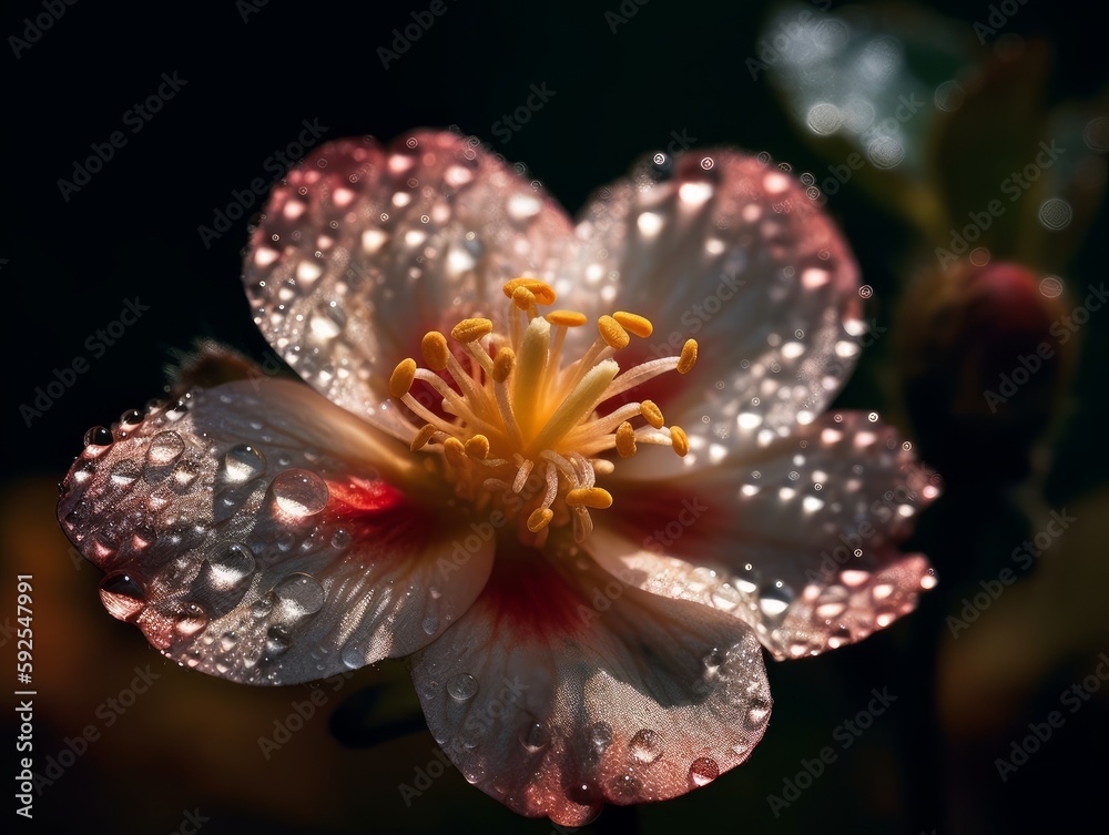 A close-up of a blooming flower with dew drops on its petals A close-up of a blooming flower with dew drops on its petals