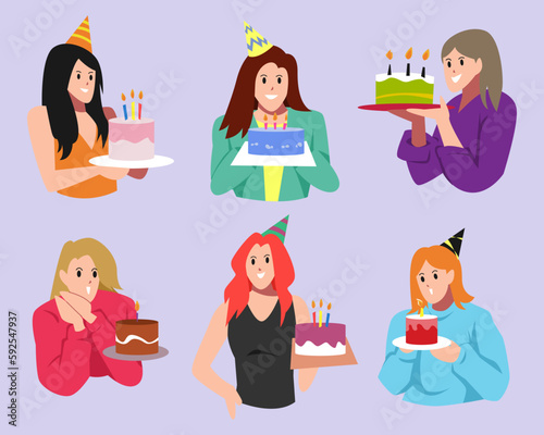 set of female cartoon character and birthday cake. concept of celebration, birthday, party. for greeting card, print, poster, sticker. flat vector illustration.